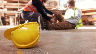 Buy stock photo Carpenter, helmet and man with leg injury, safety failure and employee with muscle tension on floor. Workplace, accident and person with joint pain, woodworking and helping colleague in workshop