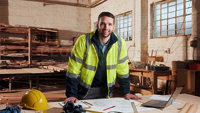 Buy stock photo Portrait, carpenter and happy man at factory for manufacturing, joinery blueprint and about us. Smile, woodwork and professional in workshop, confidence and pride in furniture production industry
