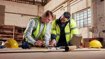 Buy stock photo Planning, laptop and people in workshop for carpentry, wood production and meeting with design. Carpenter, contractor and men on tech for inventory, furniture and blueprint for woodworking project