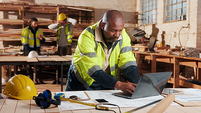 Buy stock photo Planning, laptop and man in workshop for construction contract, material supplier and carpentry. Carpenter, tech and mature person with inventory list, timber order and documents for wood production