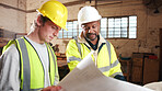 Blueprint, engineer and team at construction site for development, planning or review design. Document, floor plan and men with architecture evaluation, building schematic and project collaboration