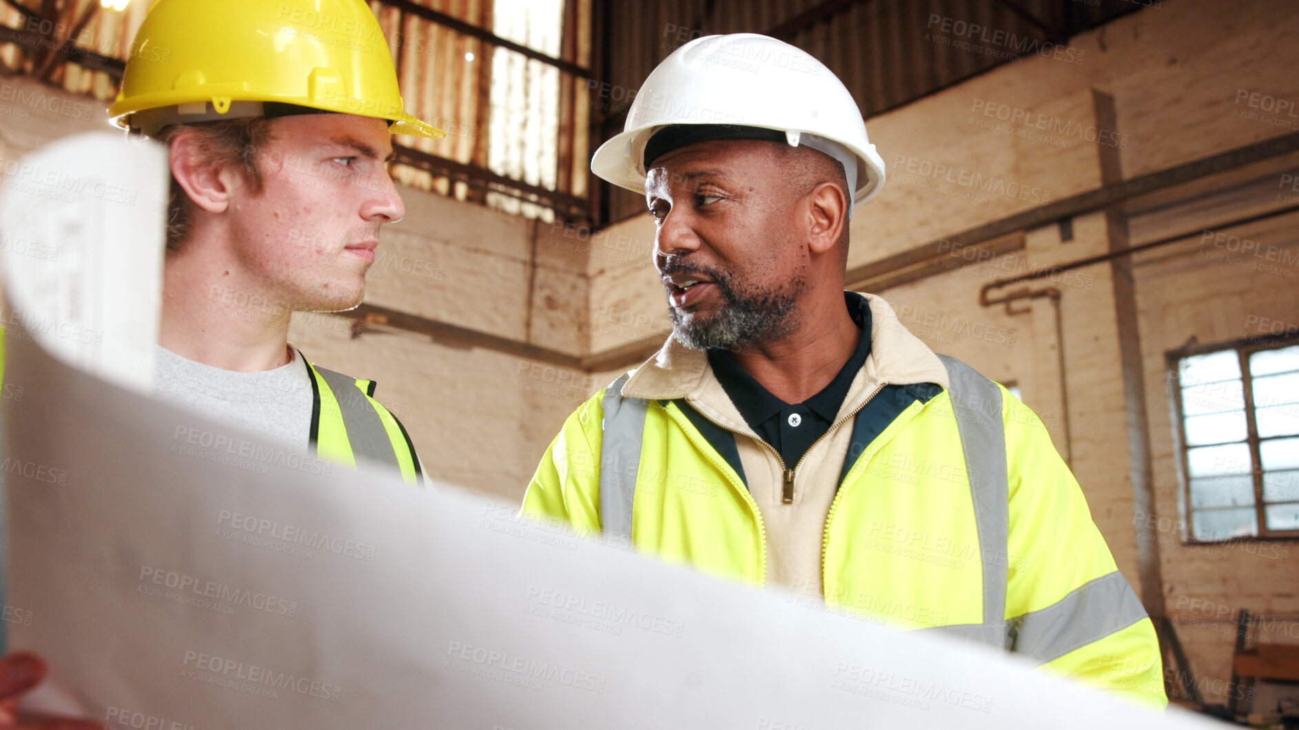 Buy stock photo Blueprint, engineer and team at construction site for planning, development or review design. Document, layout and men with architecture maintenance, building schematic and project collaboration