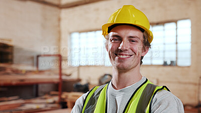 Buy stock photo Portrait, woodwork and happy man at factory for manufacturing, joinery and protection gear. Smile, carpenter and professional with helmet for safety, confidence and about us in production industry
