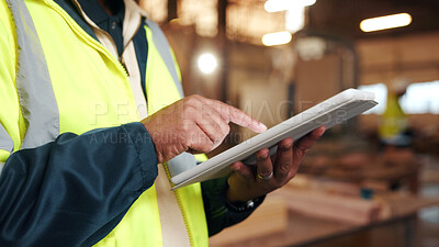 Buy stock photo Carpenter, scroll and hands with tablet in workshop, manufacturing or tracking project update on web. Woodworking, design research and person with tech in warehouse, browsing and furniture production