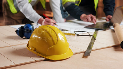 Buy stock photo Helmet, hands and meeting with laptop in carpentry for shopfitting project, design review and ppe. Carpenter team, tech and people with blueprint in workshop for custom furniture, planning or hardhat