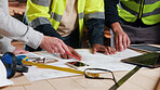 Carpentry, documents and hands of people in workshop for planning, wood production and furniture design. Carpenter, team and men on tech for inventory, strategy and blueprint for woodworking project