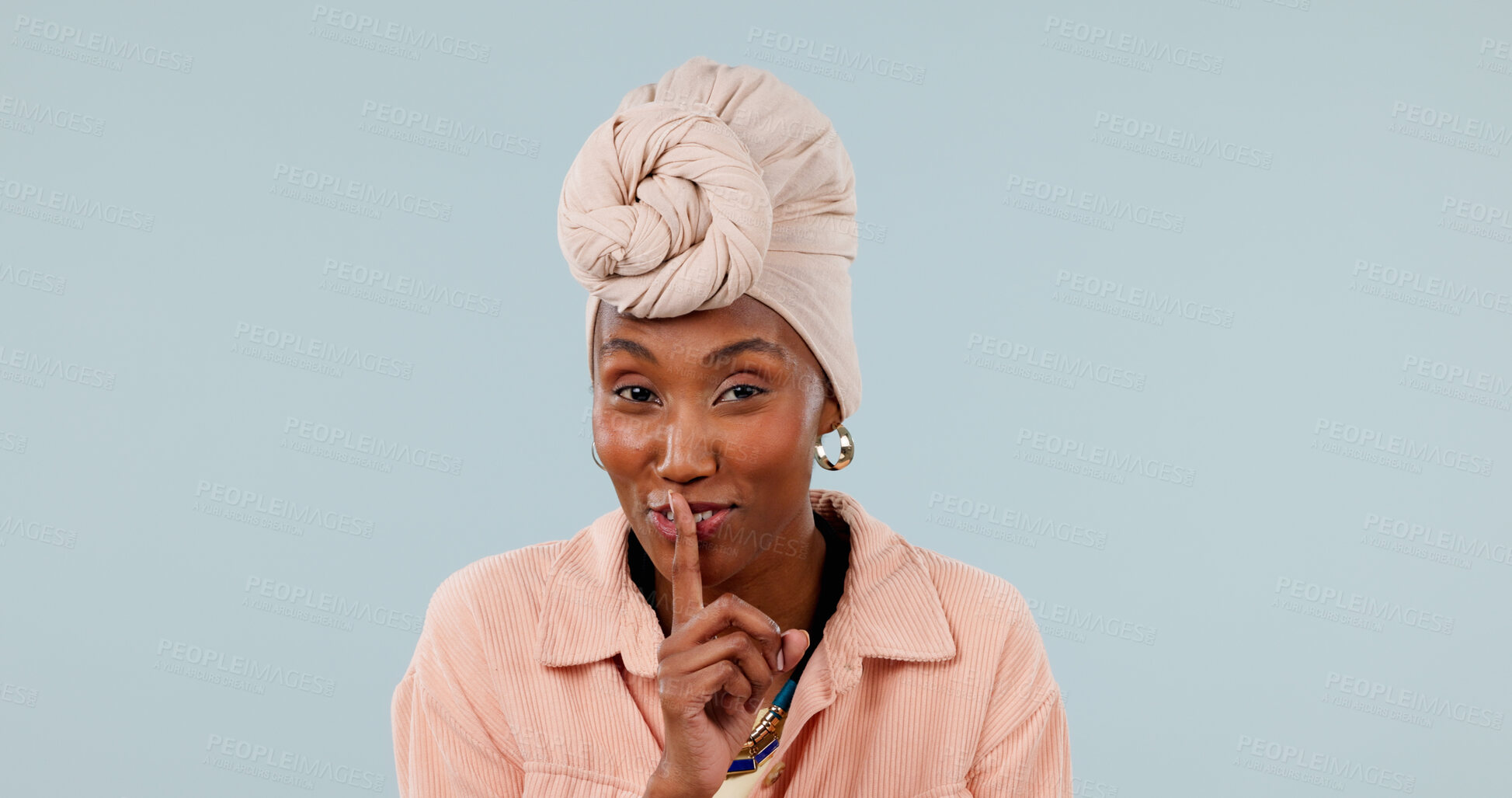 Buy stock photo Whisper, portrait and black woman with secret for confidential information on a studio background. Female person, silencer or quiet with finger on lips for mysterious vendetta, rumor or hidden agenda