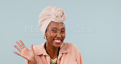 Buy stock photo Portrait, smile and wave with black woman in studio for friendly greeting, hello or welcome. Hand gesture, happy and palm of excited person with mockup for announcement, message or notification