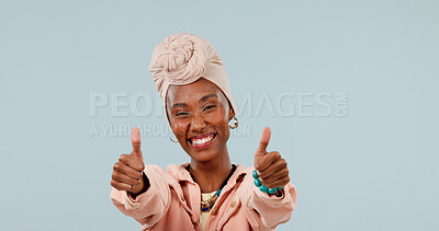 Buy stock photo Portrait, smile and thumbs up with black woman in studio for motivation, success or support. Achievement, hand gesture and victory with happy African person on background space for celebration