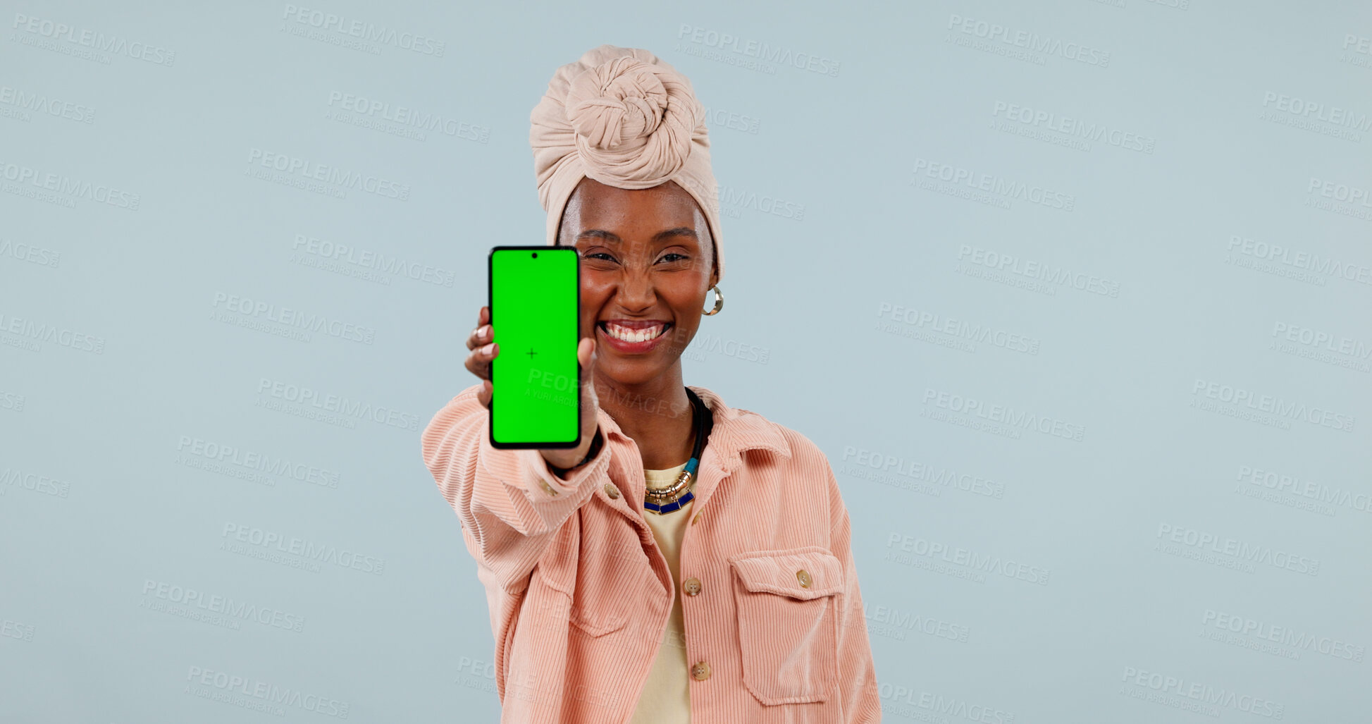 Buy stock photo Happy, portrait and black woman with phone green screen for marketing on a studio background. Female person, user or smile with mobile smartphone display for UX, UI or advertising app on mockup space