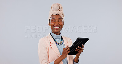Buy stock photo Happy, portrait and black woman with tablet in studio for fashion design on a white background. Female person, designer or smile with technology for online app, creative styling or development