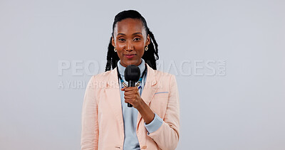 Buy stock photo Anchor, portrait or black woman with microphone for weather forecast on a white studio background. Female person, news reporter or broadcaster with smile or mic for announcement or message on space