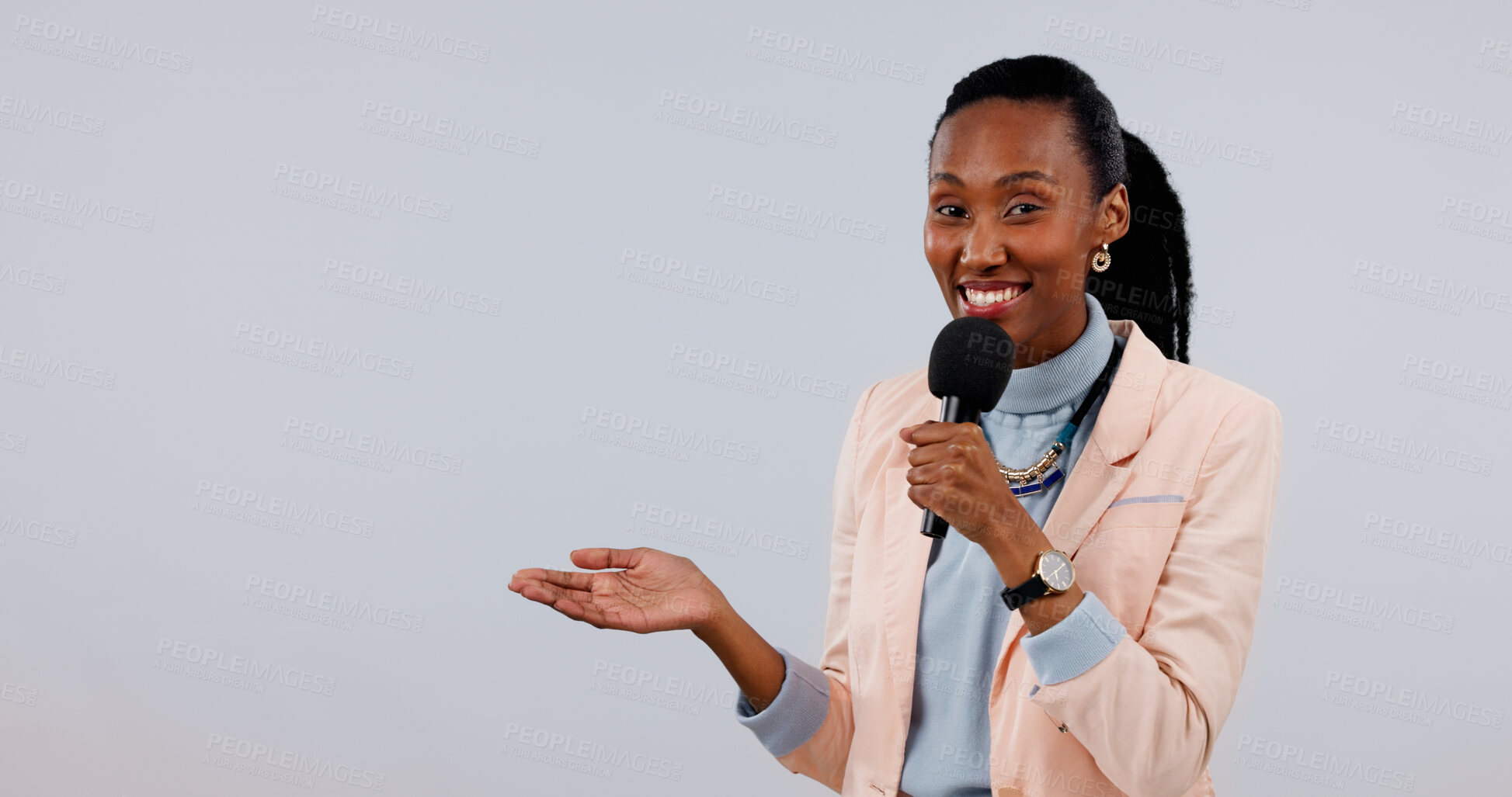 Buy stock photo Happy, portrait or black woman with microphone for weather forecast on a white studio background. Female person, anchor or news reporter with smile, mic or palm for announcement or broadcast on space