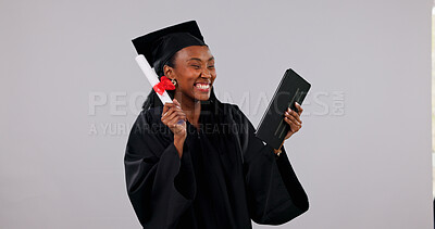 Buy stock photo Graduation, smile and tablet with black woman in studio for celebration of education milestone. App, diploma and video call with college student on white background for scholarship success or victory