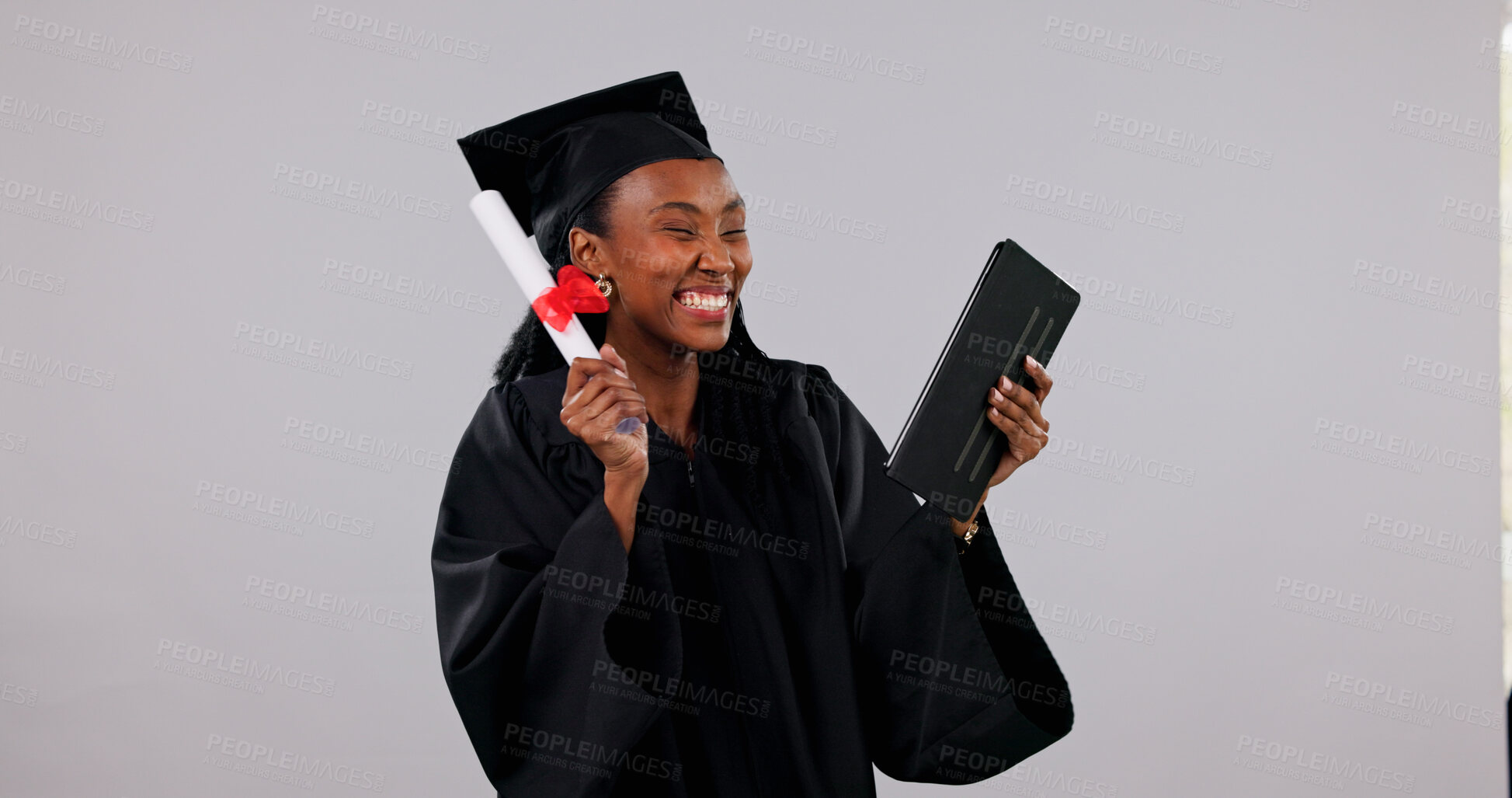 Buy stock photo Graduation, smile and tablet with black woman in studio for celebration of education milestone. App, diploma and video call with college student on white background for scholarship success or victory
