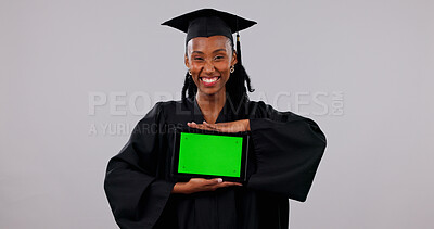 Buy stock photo Portrait, tablet and black woman with green screen for graduation app on a white background. Female person, student or graduate with smile, technology display or UI for qualification on mockup space