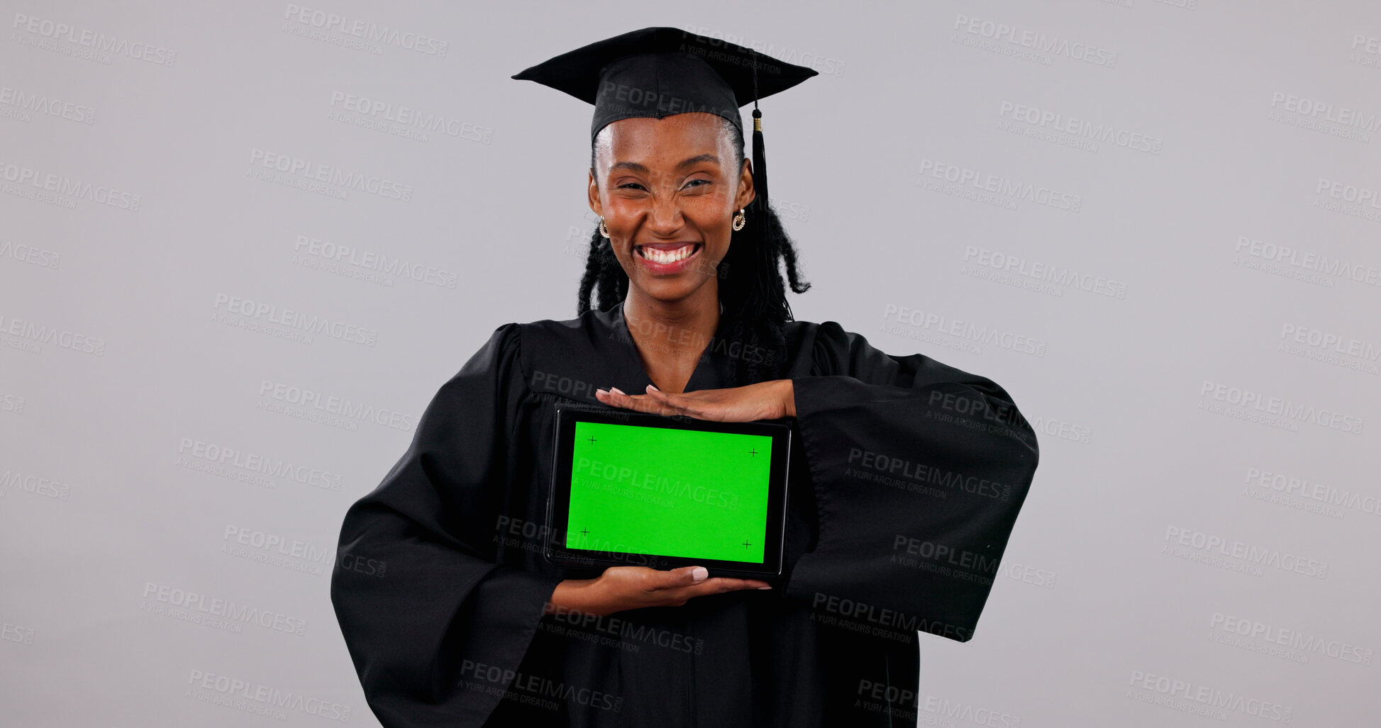 Buy stock photo Portrait, tablet and black woman with green screen for graduation app on a white background. Female person, student or graduate with smile, technology display or UI for qualification on mockup space