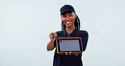 Buy stock photo Delivery, portrait and black woman with tablet screen for digital signature on a studio background. Female person, user or service with smile or technology display for courier app on mockup space