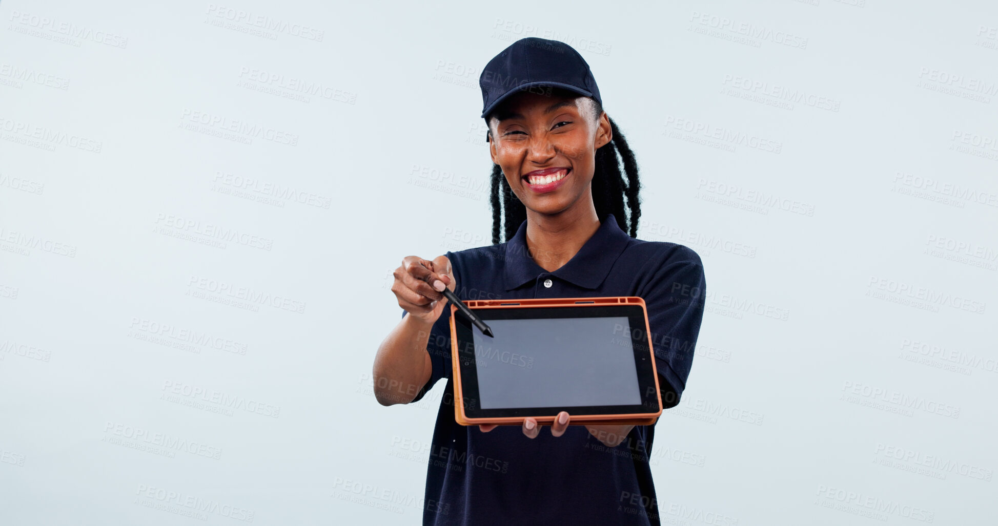 Buy stock photo Delivery, portrait and black woman with tablet screen for digital signature on a studio background. Female person, user or service with smile or technology display for courier app on mockup space