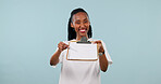 Portrait, woman and clipboard in studio for sign up, membership or application form offer with smile. Happy black person, document and registration with enrollment, join us and space on background