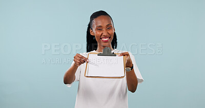Buy stock photo Portrait, woman and clipboard in studio for sign up, membership or application form offer with smile. Happy black person, document and registration with enrollment, join us and space on background