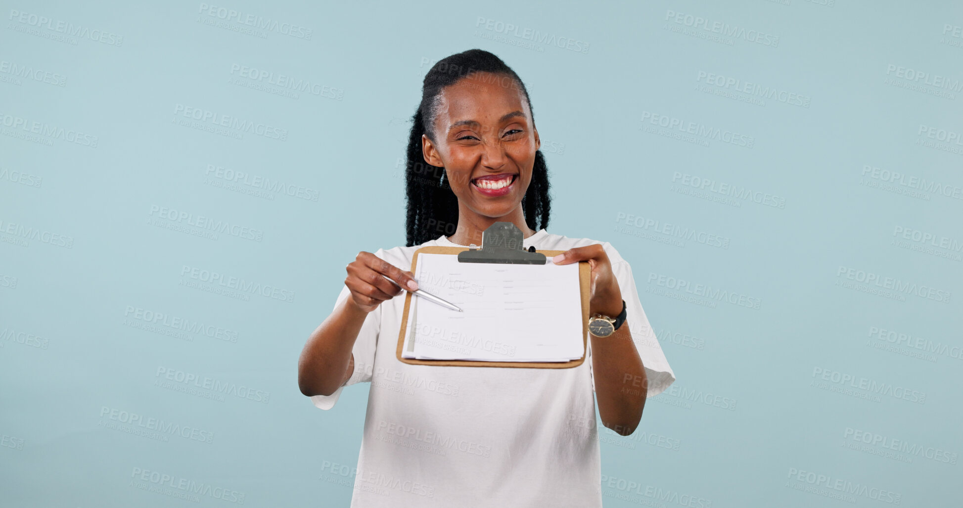 Buy stock photo Portrait, woman and clipboard in studio for sign up, membership or application form offer with smile. Happy black person, document and registration with enrollment, join us and space on background