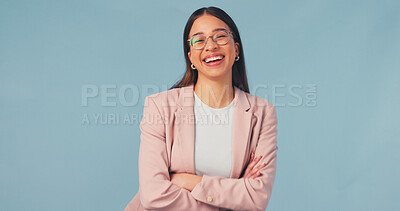 Buy stock photo Arms folded, laugh and woman in studio for business, tax consultant or career growth on blue background. Portrait, financial worker and happy person with confidence, VAT specialist and mockup space