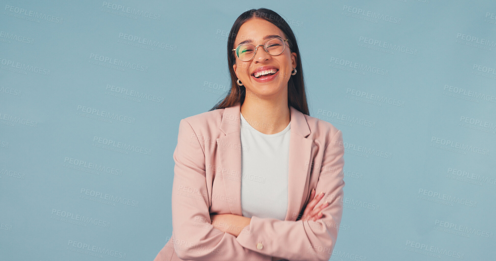 Buy stock photo Arms folded, laugh and woman in studio for business, tax consultant or career growth on blue background. Portrait, financial worker and happy person with confidence, VAT specialist and mockup space