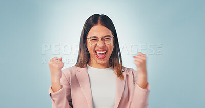 Buy stock photo Portrait, businesswoman and excited in studio with fist pump, glasses and good news for job promotion. Happy, person and celebration for career development, success or achievement on blue background.