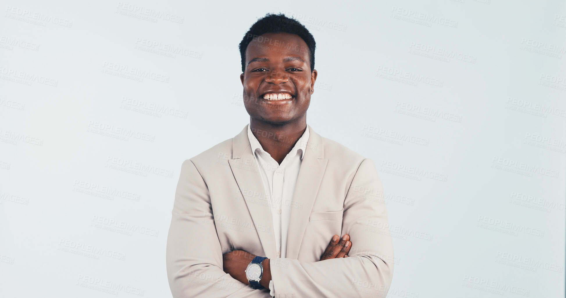 Buy stock photo Arms folded, smile and black man in studio for business, tax consultant and career growth. Portrait, financial professional and happy person with confidence, VAT specialist and space on background