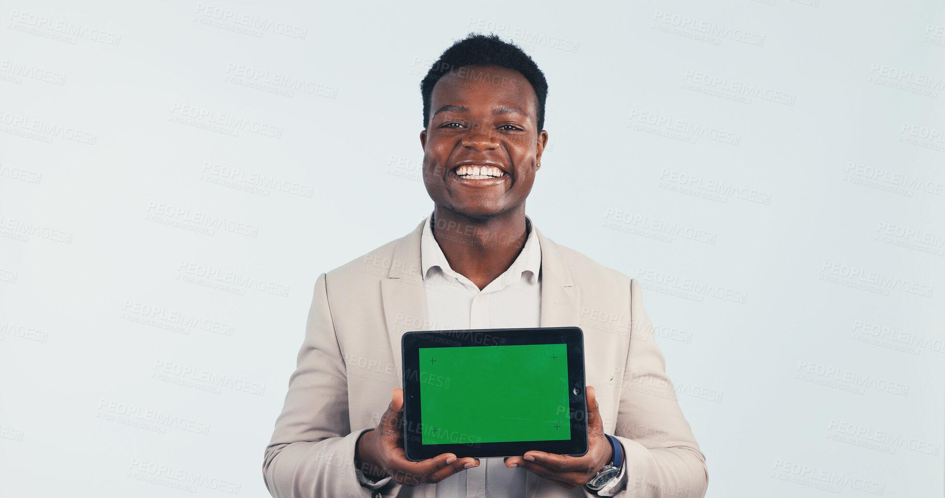 Buy stock photo Portrait, tablet and black man with green screen in studio for business advertising on a white background. Happy, businessman and smile with technology display for marketing app on mockup space