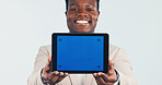 Happy, portrait or black man with tablet screen mockup in studio for advertising on a white background. Male person, employee or smile with technology display or blue chromakey for marketing on space