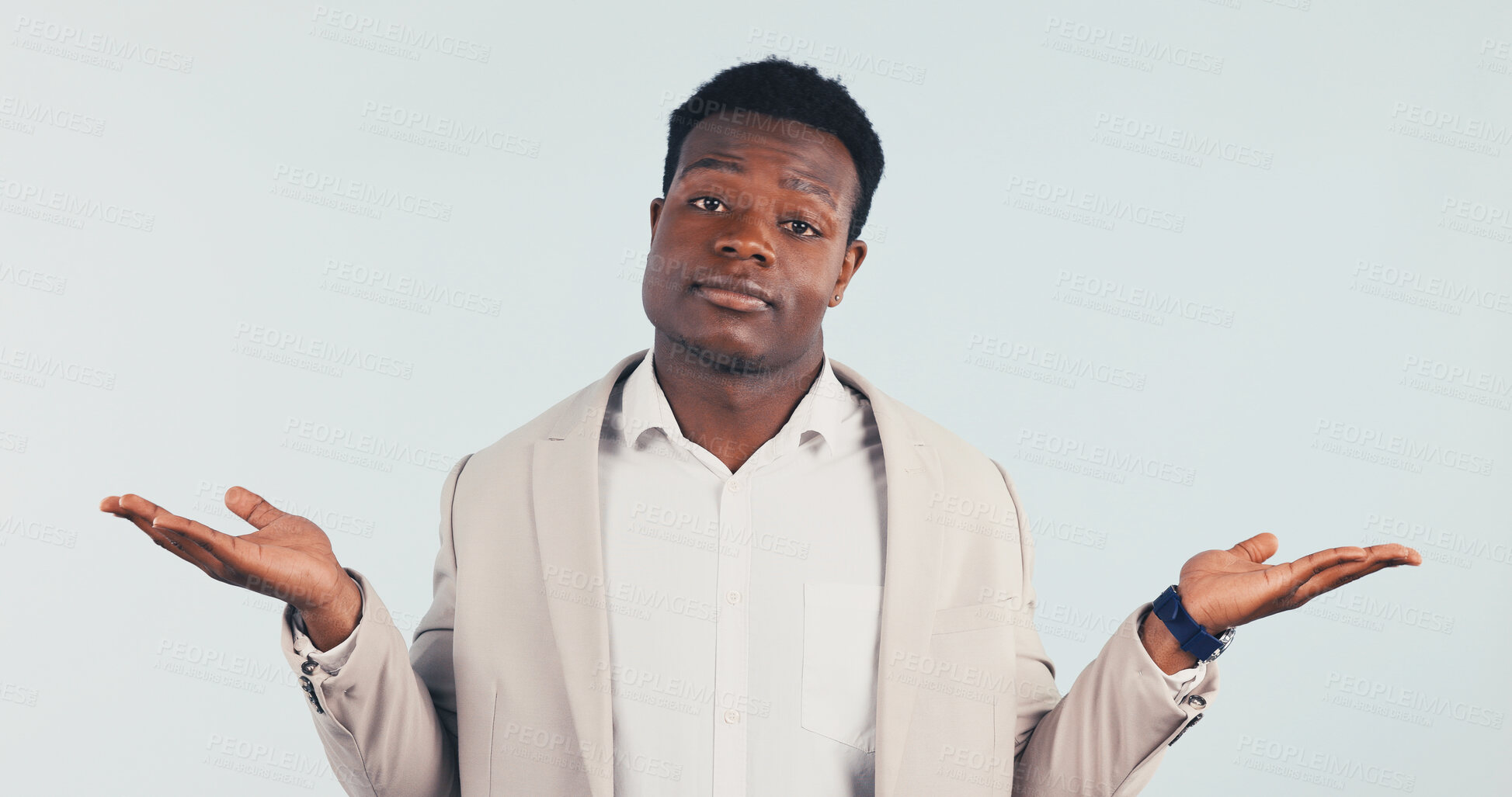 Buy stock photo Choice, man and shrug in studio for business, decision and confused with options comparison on background. Doubt, portrait and African person with dont know gesture, unsure worker and puzzled