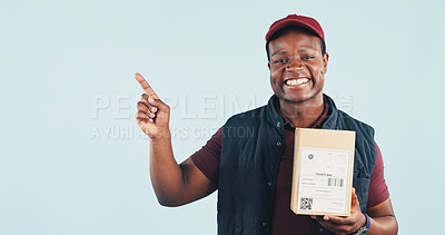 Buy stock photo Pointing, portrait and delivery man in studio for shipping news, advertising or ecommerce info. Mockup, happy and African person with space for logistics, courier service and box on white background