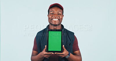 Buy stock photo Happy, tablet and portrait of delivery man with green screen, ecommerce ui and shipping advertising. Mockup, space and African person on tech for logistics, online order and news on studio background