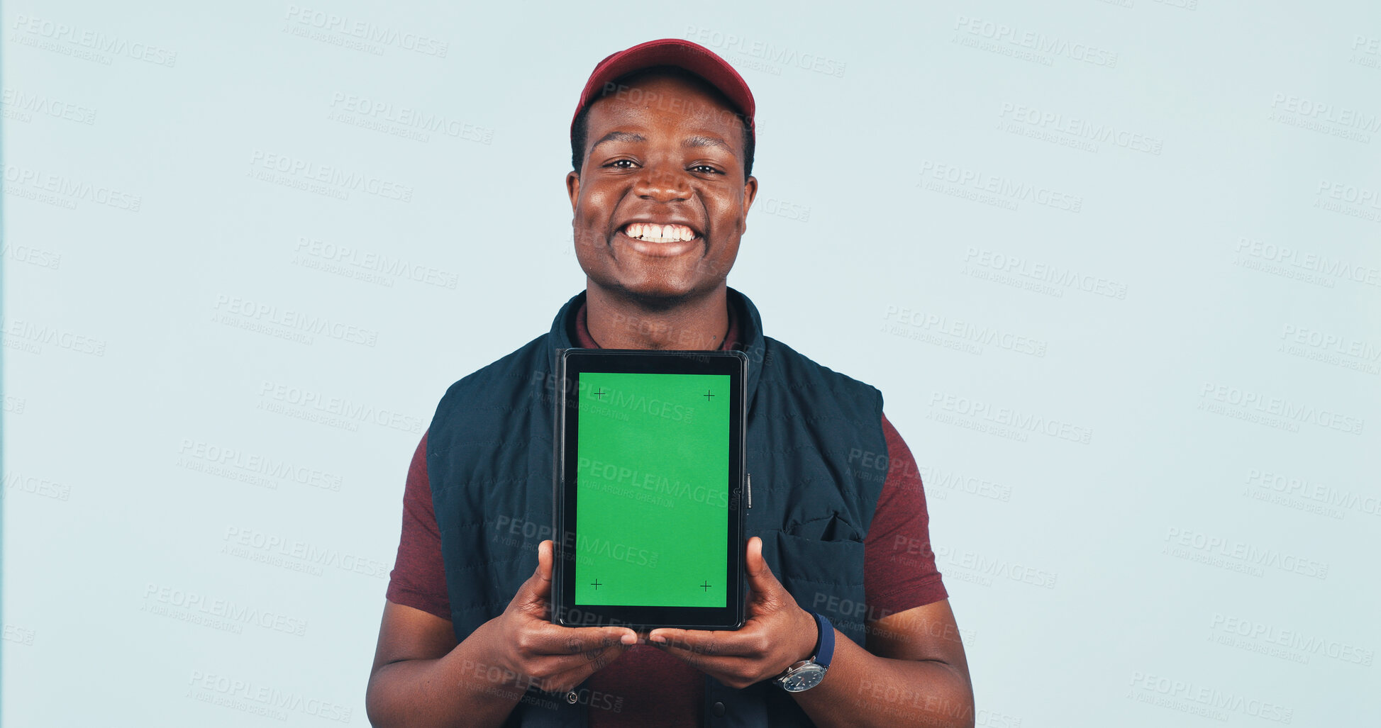 Buy stock photo Happy, tablet and portrait of delivery man with green screen, ecommerce ui and shipping advertising. Mockup, space and African person on tech for logistics, online order and news on studio background