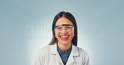 Buy stock photo Science, portrait and happy woman with laugh, researcher or positive attitude in medical profession. Confidence, space or scientist with joke, pharmaceutical expert or about us on studio background.