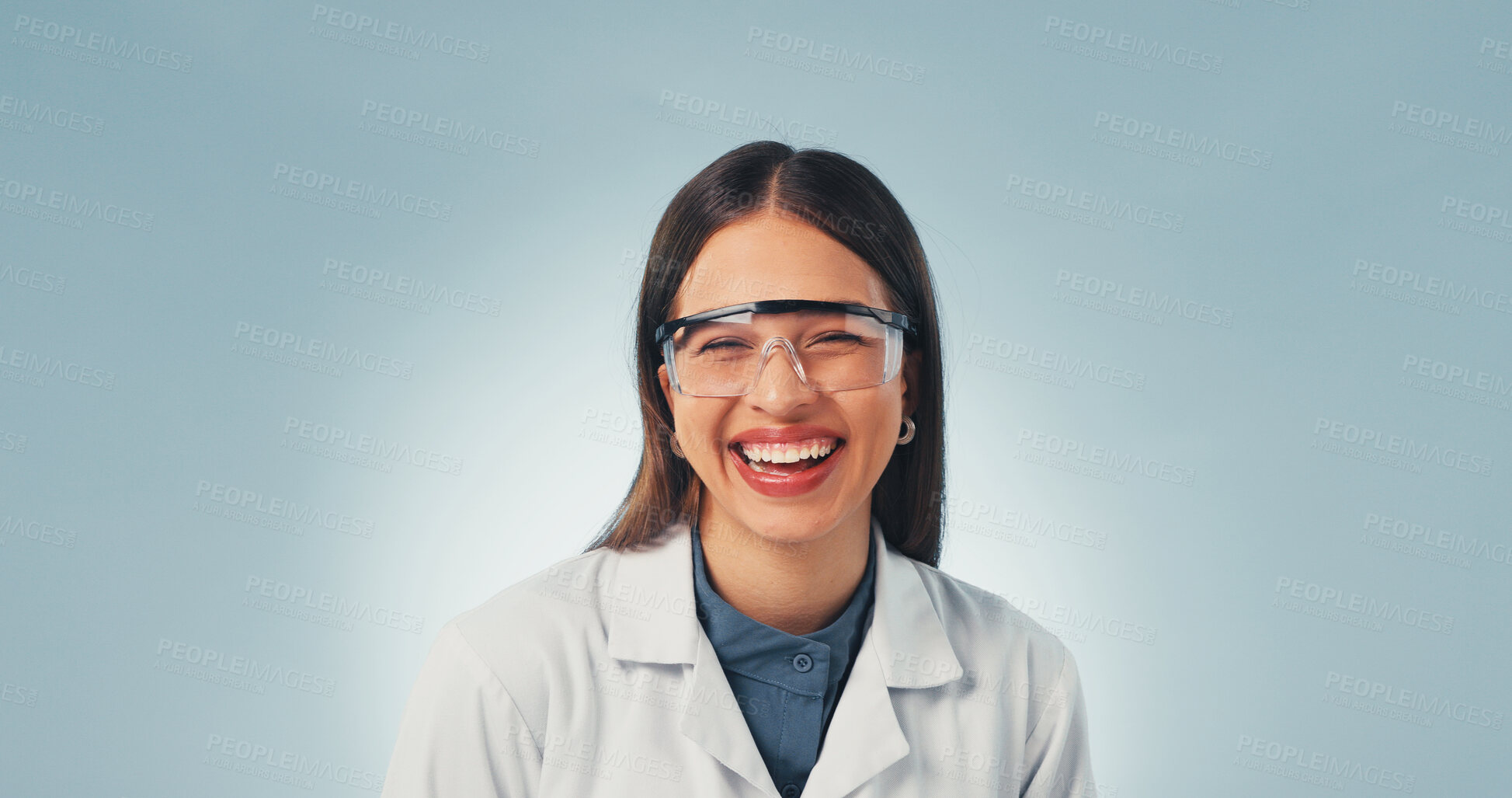 Buy stock photo Science, portrait and happy woman with laugh, researcher or positive attitude in medical profession. Confidence, space or scientist with joke, pharmaceutical expert or about us on studio background.
