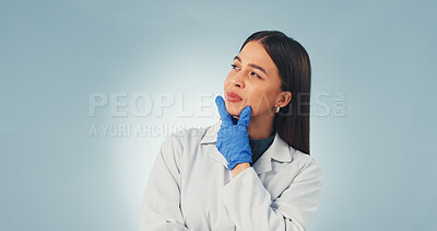 Buy stock photo Science, thinking and woman with review, problem solving and solution in medical research. Reflection, ideas and scientist with space, thesis insight and innovation planning on studio background.