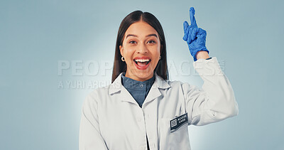 Buy stock photo Idea, science and smile with portrait of woman in studio for healthcare solution, eureka or pointing. Medical breakthrough, research and problem solving with person on white background with space