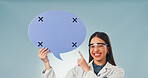 Medical, portrait or woman with speech bubble, statement or safety sign in science guideline. Social media, point or scientist with mockup, compliance advice or research chat on studio background.