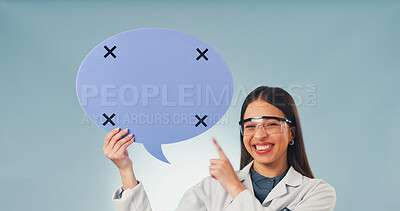 Buy stock photo Medical, portrait or woman with speech bubble, statement or safety sign in science guideline. Social media, point or scientist with mockup, compliance advice or research chat on studio background.
