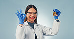 Science, sample and portrait of woman with okay sign for chemistry, experiment and medical research. Pharmaceutical, happy and person with liquid, success and vaccine approval on studio background