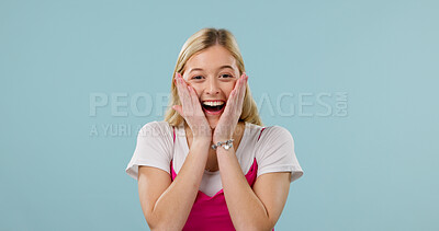 Buy stock photo Amazing, portrait and surprise with woman in studio for reaction to announcement or good news. Deal, facial expression and wow with excited person on background space for discount or promotion