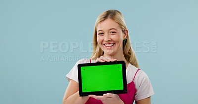 Buy stock photo Green screen, tablet and portrait of woman in studio with space for university education. Happy, mockup and student with technology for college results or scholarship application on blue background.
