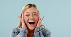 Mind blown, portrait and surprise with woman in studio for reaction to announcement or good news. Amazing, facial expression and wow with excited person on background space for discount or promotion