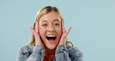 Buy stock photo Mind blown, portrait and surprise with woman in studio for reaction to announcement or good news. Amazing, facial expression and wow with excited person on background space for discount or promotion