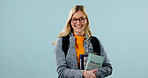 College student, education and woman in studio with smile, science knowledge and mockup space. Learning, books and person with academic growth, biology scholarship or portrait on blue background
