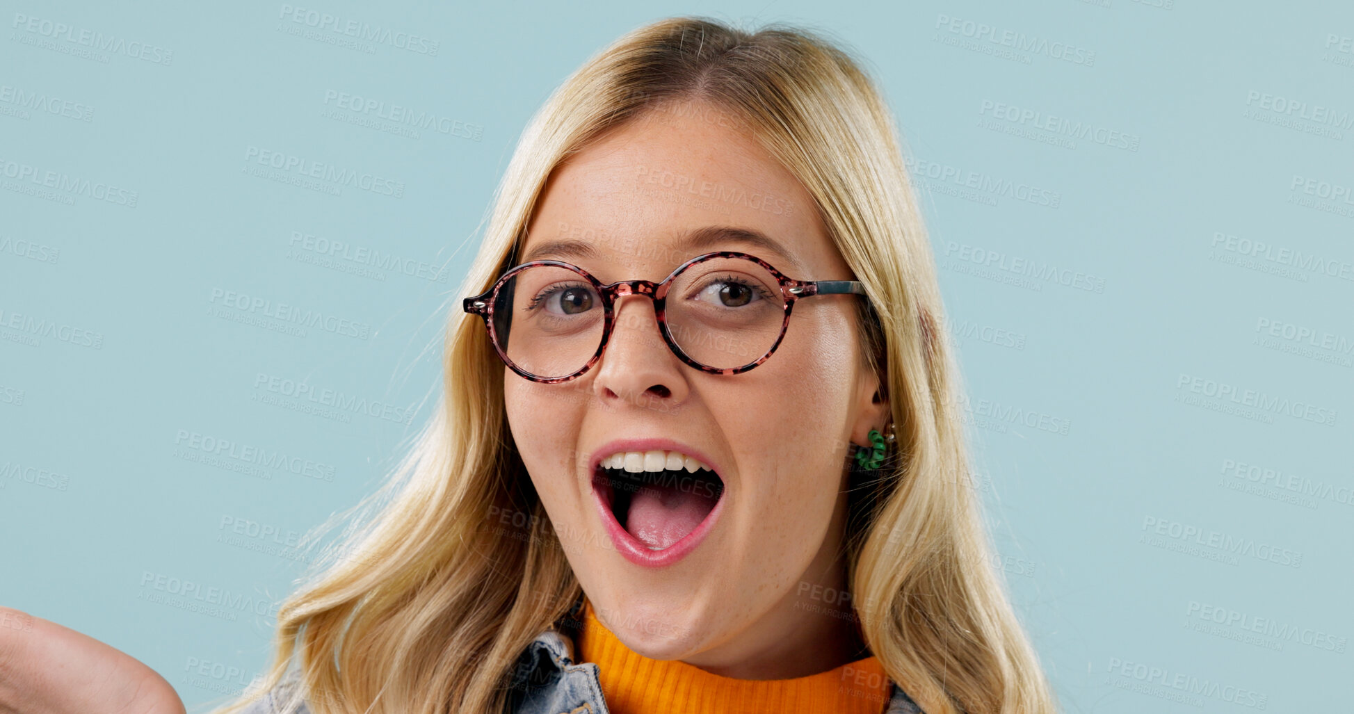 Buy stock photo Glasses, portrait and surprise with woman in studio for reaction to announcement or good news. Facial expression, shock or wow with excited person on background space for discount or promotion