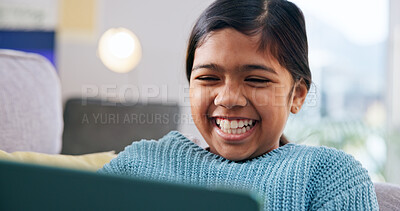 Buy stock photo Laugh, streaming or girl on sofa with tablet, cartoon series or online game on weekend break. Happy, multimedia or child in house with tech, comedy entertainment or playing in digital competition.